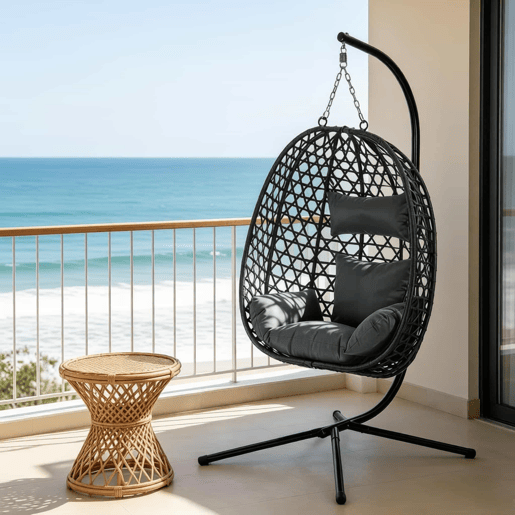 Poltrona suspensa em rattan 105x105 cm - altura ajustável, design elegante em forma de ovo, cadeira de baloiço para exterior - cinzento escuro Poltrona suspensa em rattan 105x105 cm - altura ajustável, design elegante em forma de ovo, cadeira de baloiço para exterior - cinzento escuro