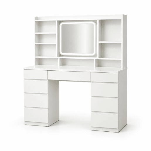 Mesa de maquilhagem 110 x 40 cm u2014 com amplo espaço de arrumação e tomadas integradas u2014 Branco Mesa de maquilhagem 110 x 40 cm u2014 com amplo espaço de arrumação e tomadas integradas u2014 Branco
