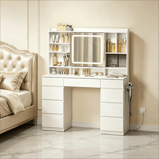 Mesa de maquilhagem 110 x 40 cm u2014 com amplo espaço de arrumação e tomadas integradas u2014 Branco Mesa de maquilhagem 110 x 40 cm u2014 com amplo espaço de arrumação e tomadas integradas u2014 Branco