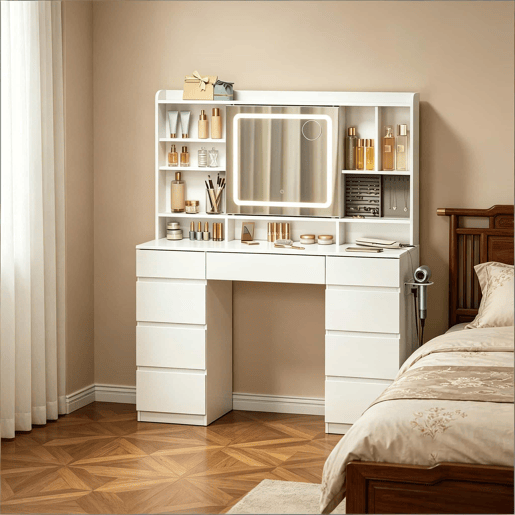Mesa de maquilhagem 110 x 40 cm u2014 com amplo espaço de arrumação e tomadas integradas u2014 Branco Mesa de maquilhagem 110 x 40 cm u2014 com amplo espaço de arrumação e tomadas integradas u2014 Branco