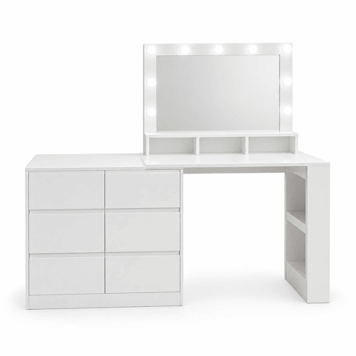 Mesa de maquilhagem e secretária 2 em 1 - 6 gavetas grandes, design multifuncional com iluminação LED ajustável - Branco Mesa de maquilhagem e secretária 2 em 1 - 6 gavetas grandes, design multifuncional com iluminação LED ajustável - Branco