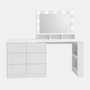 Mesa de maquilhagem e secretária 2 em 1 - 6 gavetas grandes, design multifuncional com iluminação LED ajustável - Branco