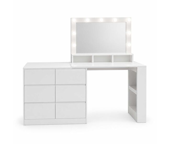 Tocador escritorio l 2 en 1 - 6 cajones grandes, diseño multifunción con iluminación led ajustable - blanco