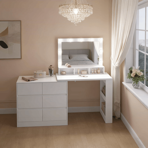Mesa de maquilhagem e secretária 2 em 1 - 6 gavetas grandes, design multifuncional com iluminação LED ajustável - Branco Mesa de maquilhagem e secretária 2 em 1 - 6 gavetas grandes, design multifuncional com iluminação LED ajustável - Branco