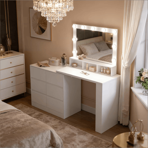 Mesa de maquilhagem e secretária 2 em 1 - 6 gavetas grandes, design multifuncional com iluminação LED ajustável - Branco Mesa de maquilhagem e secretária 2 em 1 - 6 gavetas grandes, design multifuncional com iluminação LED ajustável - Branco