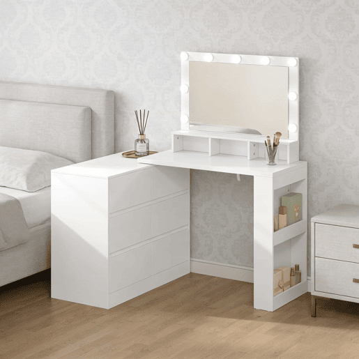 Mesa de maquilhagem e secretária 2 em 1 - 6 gavetas grandes, design multifuncional com iluminação LED ajustável - Branco Mesa de maquilhagem e secretária 2 em 1 - 6 gavetas grandes, design multifuncional com iluminação LED ajustável - Branco