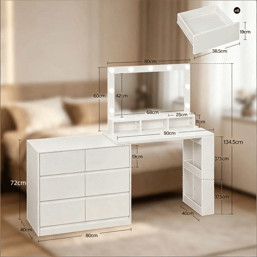 Mesa de maquilhagem e secretária 2 em 1 - 6 gavetas grandes, design multifuncional com iluminação LED ajustável - Branco Mesa de maquilhagem e secretária 2 em 1 - 6 gavetas grandes, design multifuncional com iluminação LED ajustável - Branco