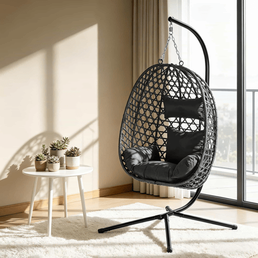 Poltrona suspensa em rattan 105x105x195 cm - altura ajustável, estilo ovo, balancim - antracite Poltrona suspensa em rattan 105x105x195 cm - altura ajustável, estilo ovo, balancim - antracite