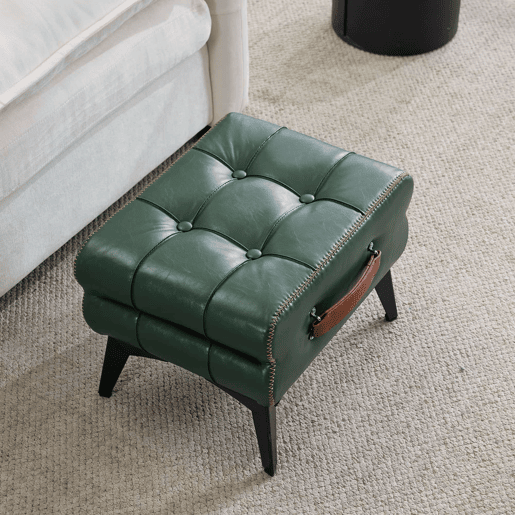 Apoio para os pés portátil - multifuncional com pés metálicos, assento em pele, banquinho para trocar de sapatos e decoração de interiores - Verde