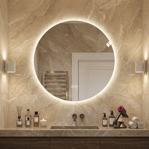 Espelho de casa de banho LED redondo de 70 cm - retroiluminado, antiembaciamento, 3 cores de luz, regulação contínua, função de memória, interruptor tátil, espelho HD sem cobre de 5 mm - prateado Espelho de casa de banho LED redondo de 70 cm - retroiluminado, antiembaciamento, 3 cores de luz, regulação contínua, função de memória, interruptor tátil, espelho HD sem cobre de 5 mm - prateado
