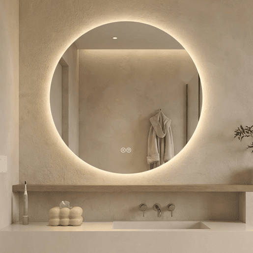 Espelho de casa de banho LED redondo de 70 cm - retroiluminado, antiembaciamento, 3 cores de luz, regulação contínua, função de memória, interruptor tátil, espelho HD sem cobre de 5 mm - prateado Espelho de casa de banho LED redondo de 70 cm - retroiluminado, antiembaciamento, 3 cores de luz, regulação contínua, função de memória, interruptor tátil, espelho HD sem cobre de 5 mm - prateado