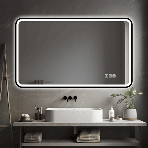 Espelho LED para casa de banho 70×90 cm - iluminação frontal e traseira, antiembaciamento, 3 tons de luz, regulável, função de memória, montagem horizontal e vertical, IP44 - Preto Espelho LED para casa de banho 70×90 cm - iluminação frontal e traseira, antiembaciamento, 3 tons de luz, regulável, função de memória, montagem horizontal e vertical, IP44 - Preto