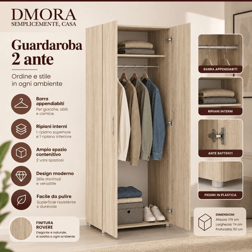 Guarda-roupa 2 Portas Cabideiro em Madeira Nobilitada