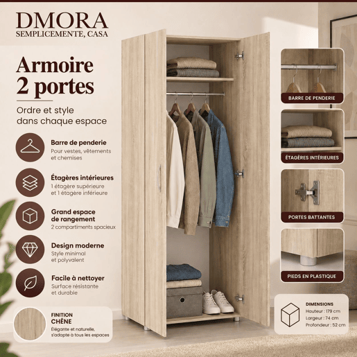 Guarda-roupa 2 Portas Cabideiro em Madeira Nobilitada