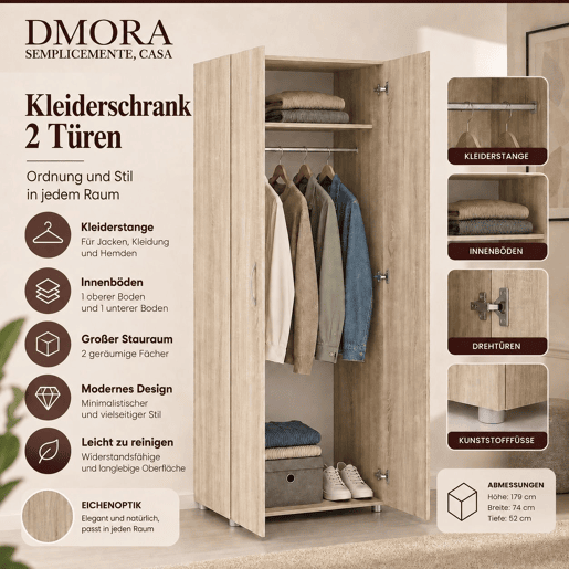 Guarda-roupa 2 Portas Cabideiro em Madeira Nobilitada