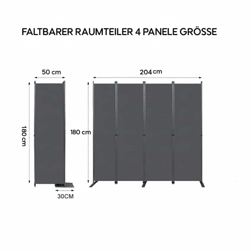 Divisória de 204 x 180 cm - 4 painéis, privacidade interior, dobrável e independente para escritório, quarto, sala de estar - Cinza escuro