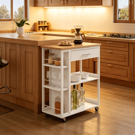 Carrinho de cozinha 73 x 38 x 88 cm u2013 com rodas, portátil, prateleira auxiliar multifuncional u2013 Branco e madeira Carrinho de cozinha 73 x 38 x 88 cm u2013 com rodas, portátil, prateleira auxiliar multifuncional u2013 Branco e madeira