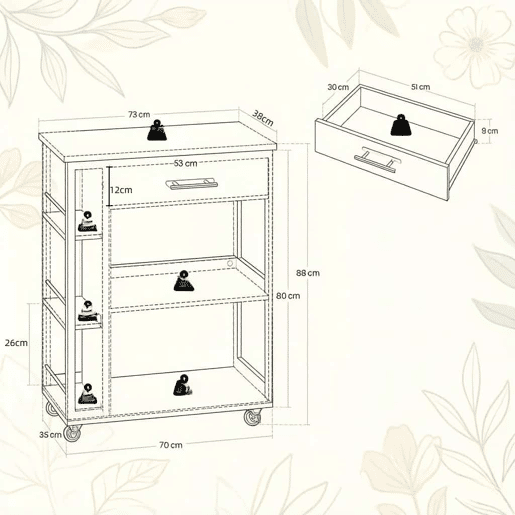 Carrinho de cozinha 73 x 38 x 88 cm u2013 com rodas, portátil, prateleira auxiliar multifuncional u2013 Branco e madeira Carrinho de cozinha 73 x 38 x 88 cm u2013 com rodas, portátil, prateleira auxiliar multifuncional u2013 Branco e madeira