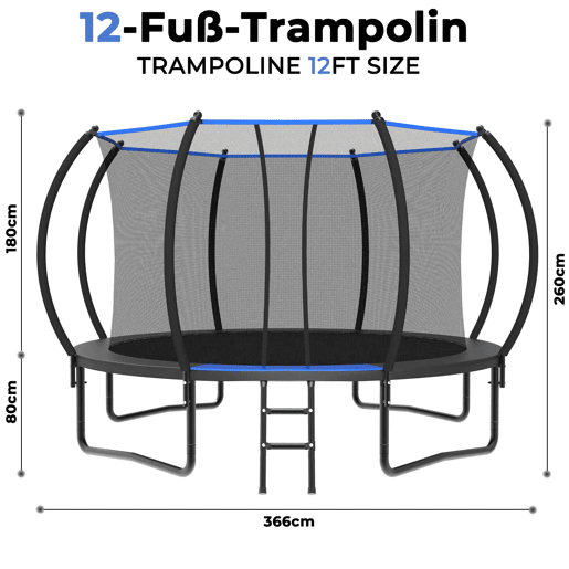 Trampolim redondo de 366 cm - com rede de segurança, escada, certificado EN 71-14 e CE para utilização no exterior - Preto + Azul