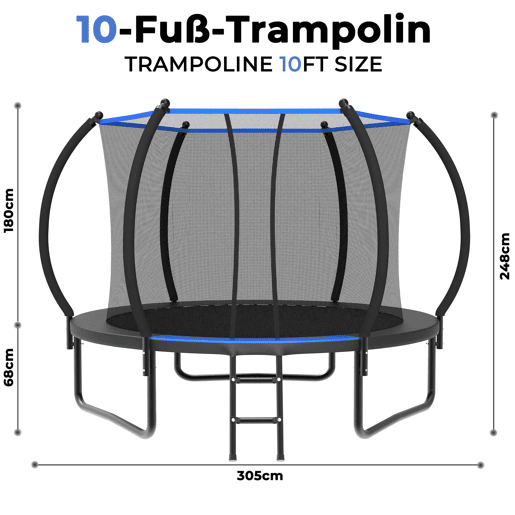 Trampolim redondo de 305 cm - com rede de segurança e escada, certificado CE e EN 71-14 para uso no exterior - Preto + Azul Trampolim redondo de 305 cm - com rede de segurança e escada, certificado CE e EN 71-14 para uso no exterior - Preto + Azul