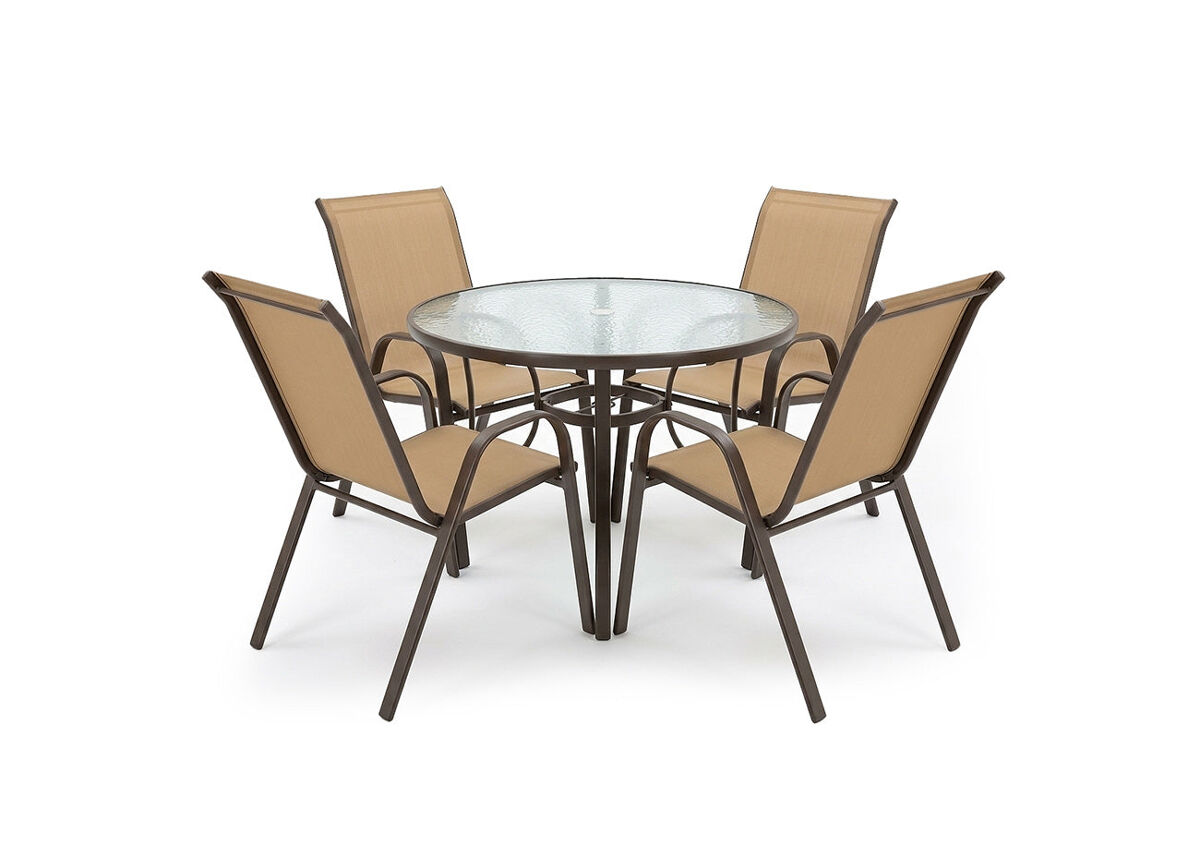 Mesa redonda de cristal templado + 4 sillas. muebles de jardin y terraza, marron