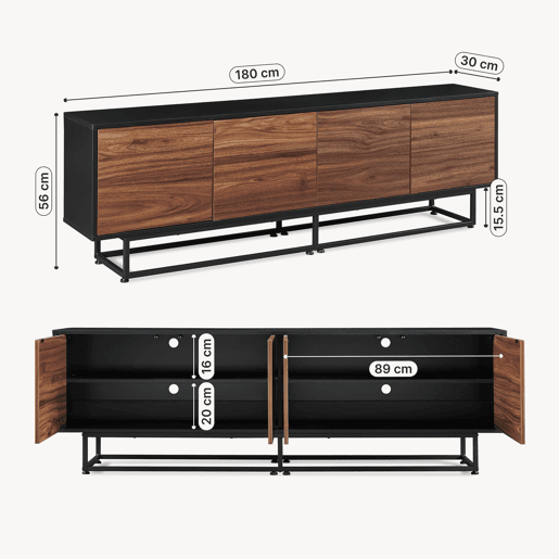 Armário baixo Boxholm com 4 portas 180x30x57 cm Nogueira Preto en.casa Armário baixo Boxholm com 4 portas 180x30x57 cm Nogueira Preto en.casa