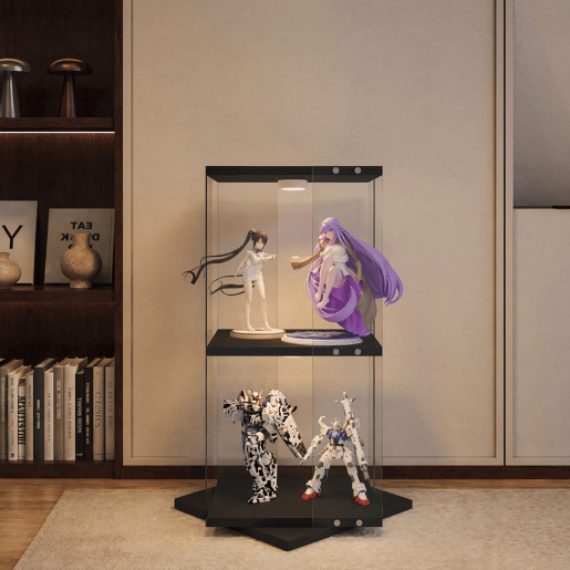 Vitrine de Vidro Preta 38x38x82 cm com LED, 2 Prateleiras Giratórias, Proteção contra Poeira e Sistema Antitombo Vitrine de Vidro Preta 38x38x82 cm com LED, 2 Prateleiras Giratórias, Proteção contra Poeira e Sistema Antitombo