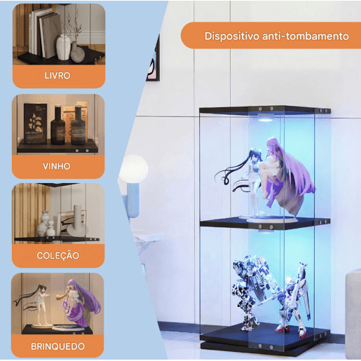 Vitrine de Vidro Preta 38x38x82 cm com LED, 2 Prateleiras Giratórias, Proteção contra Poeira e Sistema Antitombo Vitrine de Vidro Preta 38x38x82 cm com LED, 2 Prateleiras Giratórias, Proteção contra Poeira e Sistema Antitombo