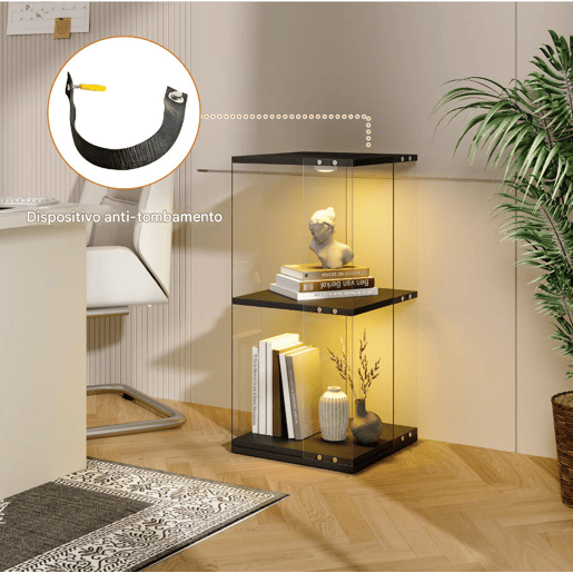 Vitrine de Vidro Preta 38x38x82 cm com LED, 2 Prateleiras Giratórias, Proteção contra Poeira e Sistema Antitombo Vitrine de Vidro Preta 38x38x82 cm com LED, 2 Prateleiras Giratórias, Proteção contra Poeira e Sistema Antitombo