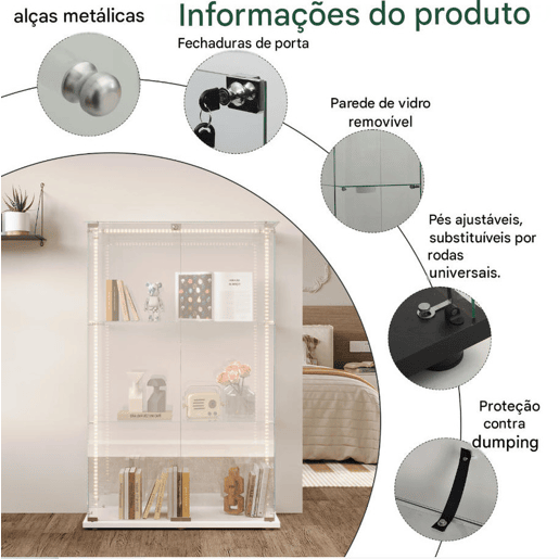 Vitrines LED, vitrines independentes, armários para colecionáveis, brancas