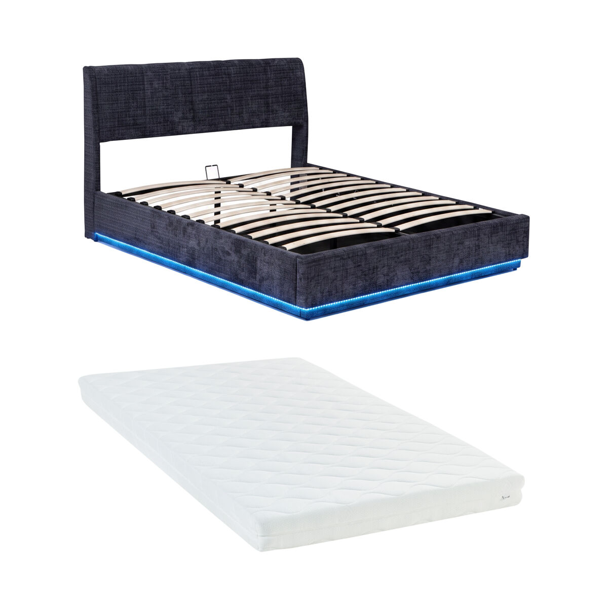 Cama tapizado led tröstiar con somier abatible + colchón lino 140x200cm azul [en.casa]