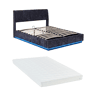 Cama estofada Tröstiar LED com base de ripas dobrável linho + colchão 140x200cm - Azul en.casa