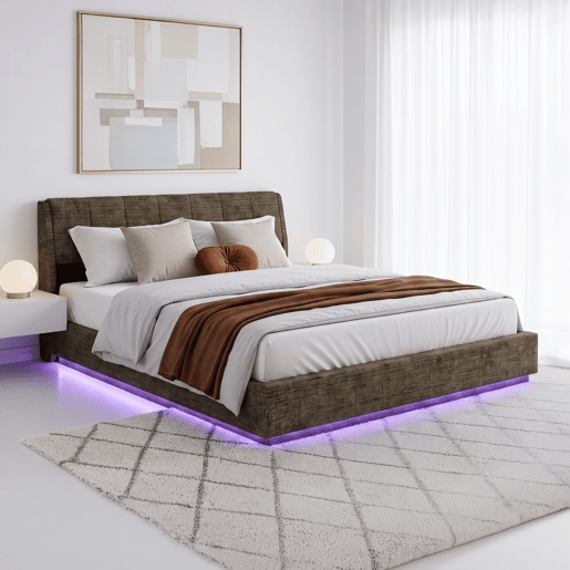 Cama estofada Tröstiar LED com base de ripas dobrável linho 180x200cm - Verde en.casa