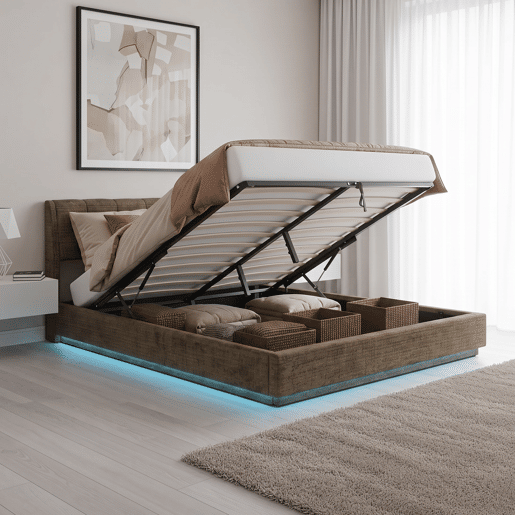 Cama estofada Tröstiar LED com base de ripas dobrável linho 180x200cm - Verde en.casa