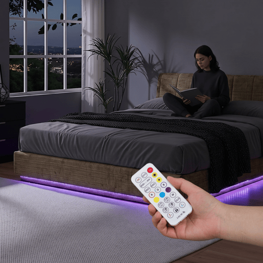 Cama estofada Tröstiar LED com base de ripas dobrável linho 180x200cm - Verde en.casa