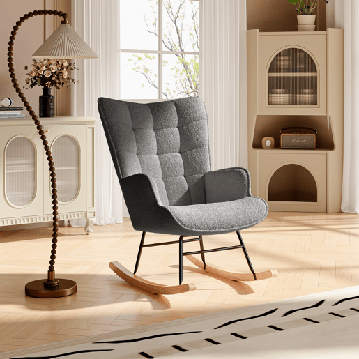Cadeira de baloiço para quarto de criança, cadeira de baloiço estofada com encosto alto para sala de estar, quarto ou escritório, Cinza Escuro Cadeira de baloiço para quarto de criança, cadeira de baloiço estofada com encosto alto para sala de estar, quarto ou escritório, Cinza Escuro