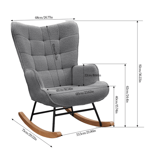 Cadeira de baloiço para quarto de criança, cadeira de baloiço estofada com encosto alto para sala de estar, quarto ou escritório, Cinza Escuro Cadeira de baloiço para quarto de criança, cadeira de baloiço estofada com encosto alto para sala de estar, quarto ou escritório, Cinza Escuro