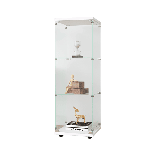 Armário expositor em vidro com três níveis, ideal para salas de estar, quartos ou escritórios. Móvel de chão (independente). Branco