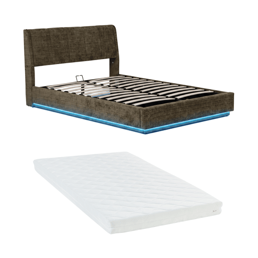 Cama estofada Tröstiar LED com base de ripas dobrável linho + colchão 140x200cm - Verde en.casa Cama estofada Tröstiar LED com base de ripas dobrável linho + colchão 140x200cm - Verde en.casa