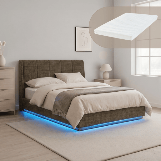 Cama estofada Tröstiar LED com base de ripas dobrável linho + colchão 140x200cm - Verde en.casa Cama estofada Tröstiar LED com base de ripas dobrável linho + colchão 140x200cm - Verde en.casa
