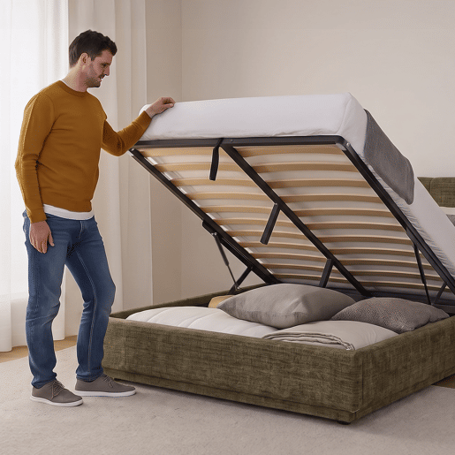 Cama estofada Tröstiar LED com base de ripas dobrável linho + colchão 140x200cm - Verde en.casa Cama estofada Tröstiar LED com base de ripas dobrável linho + colchão 140x200cm - Verde en.casa