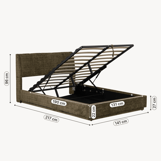 Cama estofada Tröstiar LED com base de ripas dobrável linho + colchão 140x200cm - Verde en.casa Cama estofada Tröstiar LED com base de ripas dobrável linho + colchão 140x200cm - Verde en.casa