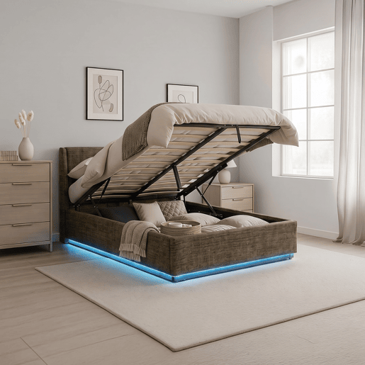 Cama estofada Tröstiar LED com base de ripas dobrável linho + colchão 140x200cm - Verde en.casa Cama estofada Tröstiar LED com base de ripas dobrável linho + colchão 140x200cm - Verde en.casa