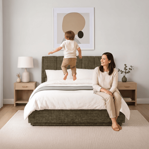Cama estofada Tröstiar LED com base de ripas dobrável linho + colchão 140x200cm - Verde en.casa Cama estofada Tröstiar LED com base de ripas dobrável linho + colchão 140x200cm - Verde en.casa