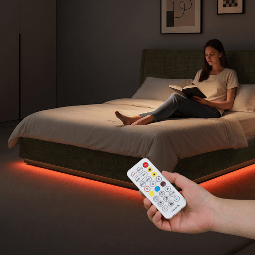 Cama estofada Tröstiar LED com base de ripas dobrável linho + colchão 140x200cm - Verde en.casa Cama estofada Tröstiar LED com base de ripas dobrável linho + colchão 140x200cm - Verde en.casa