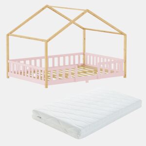 Cama de criança Treviolo forma de casa pinho + colchón 120x200 cm - Rosa  Natural en.casa