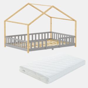Cama de criança Treviolo forma de casa pinho + colchón 140x200 cm - Cinzento claro  Natural en.casa