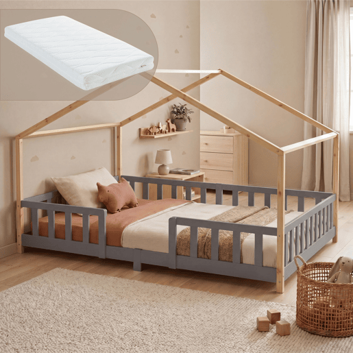 Cama de criança Treviolo forma de casa pinho + colchón 140x200 cm - Cinzento claro  Natural en.casa