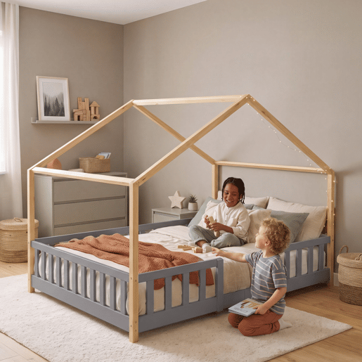 Cama de criança Treviolo forma de casa pinho + colchón 140x200 cm - Cinzento claro  Natural en.casa