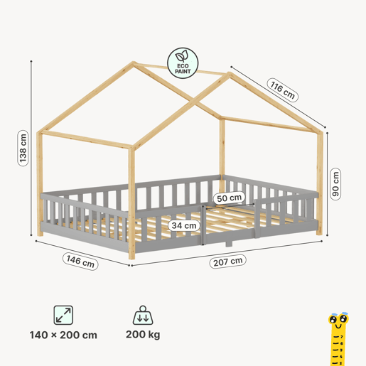 Cama de criança Treviolo forma de casa pinho + colchón 140x200 cm - Cinzento claro  Natural en.casa